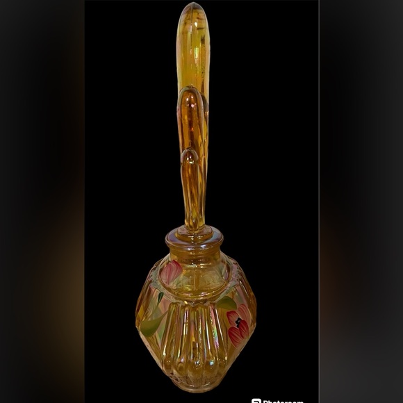 Fenton Gold Iridescent Art Deco Glass Hand Painted Perfume Bottle Signed - Picture 3 of 5